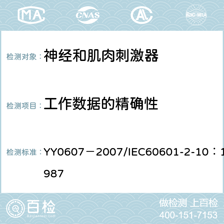 工作数据的精确性 医用电气设备 第二部分：神经和肌肉刺激器安全专用要求 YY0607－2007/IEC60601-2-10：1987 50