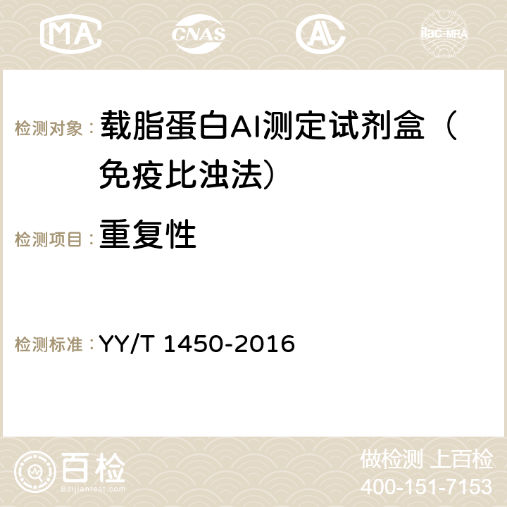 重复性 载脂蛋白A-I测定试剂（盒） YY/T 1450-2016 3.6.1