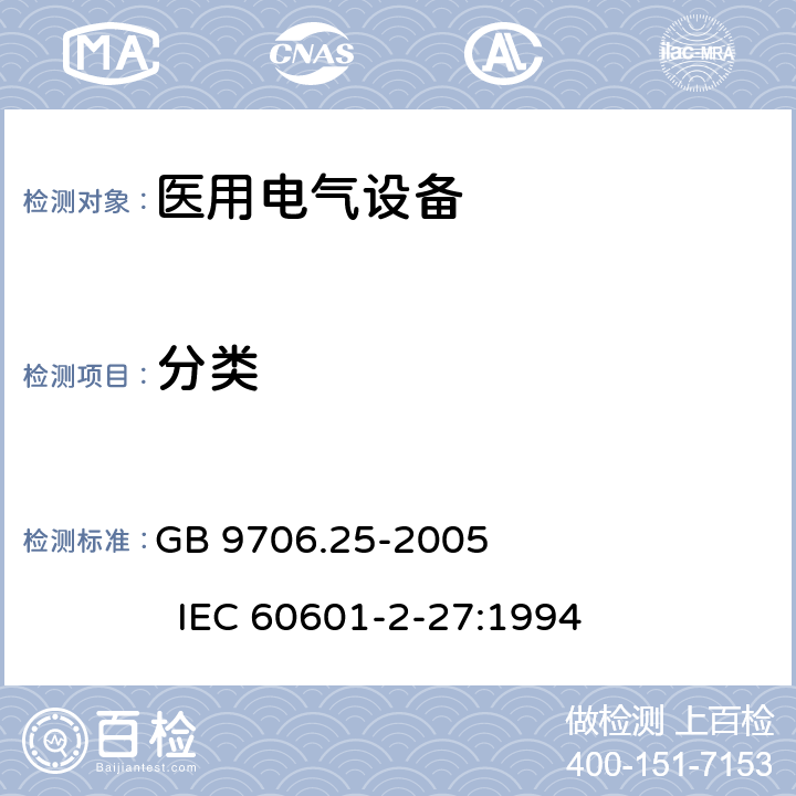 分类 医用电气设备第2-27部分:心电监护设备安全专用要求 GB 9706.25-2005 IEC 60601-2-27:1994 5