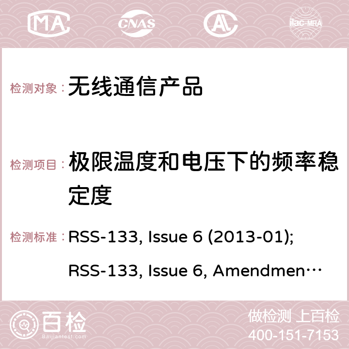 极限温度和电压下的频率稳定度 2GHz 个人通讯系统 RSS-133, Issue 6 (2013-01);RSS-133, Issue 6, Amendment 1(2018-01)