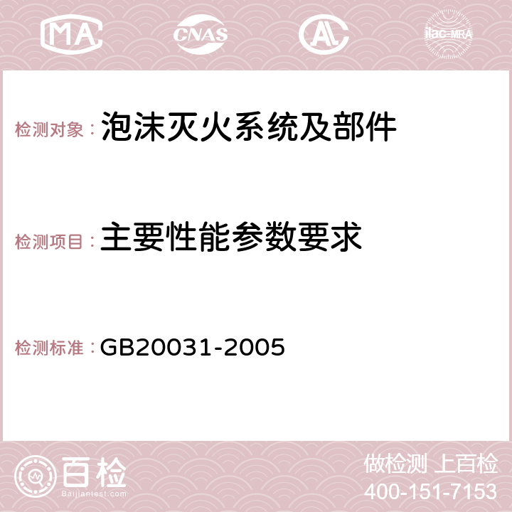 主要性能参数要求 《泡沫灭火系统及部件通用技术条件》 GB20031-2005 5.2.2.1，5.2.3.2