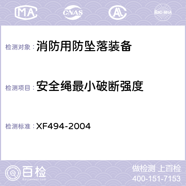 安全绳最小破断强度 《消防用防坠落装备》 XF494-2004 6.1.1