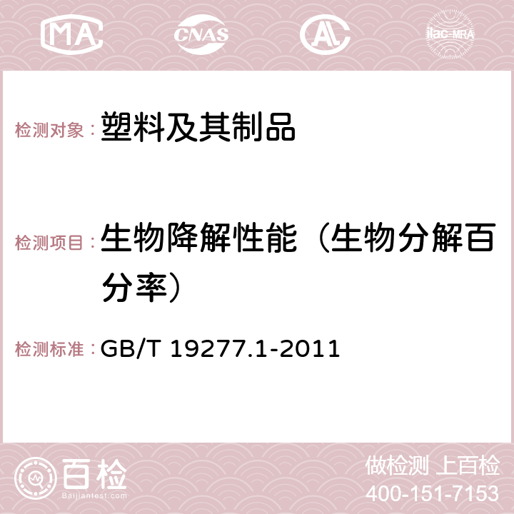 生物降解性能（生物分解百分率） 受控堆肥条件下材料最终需氧生物分解能力的测定采用测定释放的二氧化碳的方法第1部分:通用方法 GB/T 19277.1-2011