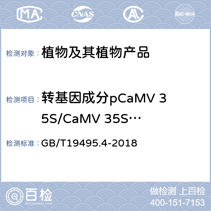 转基因成分pCaMV 35S/CaMV 35S/P-35S基因 GB/T 19495.4-2018 转基因产品检测 实时荧光定性聚合酶链式反应（PCR）检测方法