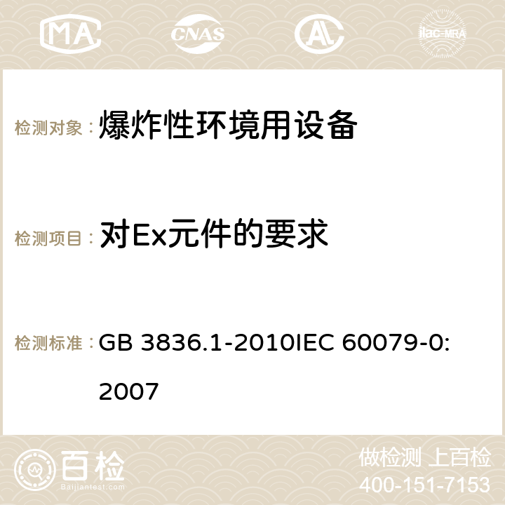 对Ex元件的要求 爆炸性环境 第0部分:设备 通用要求 GB 3836.1-2010
IEC 60079-0:2007 附录 B(规范性附录)