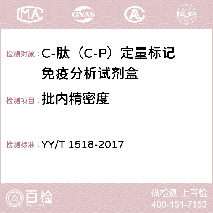 批内精密度 C-肽（C-P）定量标记免疫分析试剂盒 YY/T 1518-2017 4.5.1