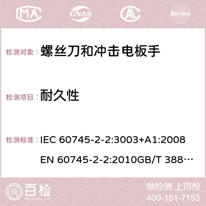 耐久性 手持式电动工具的安全 第2部分：螺丝刀和冲击扳手的专用要求 IEC 60745-2-2:3003+A1:2008
EN 60745-2-2:2010
GB/T 3883.2-2012
AS/NZS 60745.2.2-2009 17