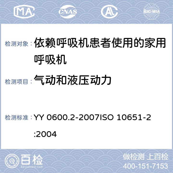 气动和液压动力 YY 0600.2-2007 医用呼吸机基本安全和主要性能专用要求 第2部分:依赖呼吸机患者使用的家用呼吸机