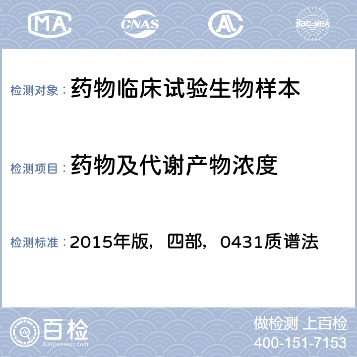 药物及代谢产物浓度 《中华人民共和国药典》 2015年版，四部，0431质谱法