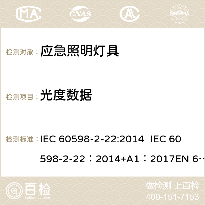 光度数据 灯具-第2-22部分应急照明灯具安全要求 IEC 60598-2-22:2014 IEC 60598-2-22：2014+A1：2017
EN 60598-2-22:2014+AC:2016 22.17