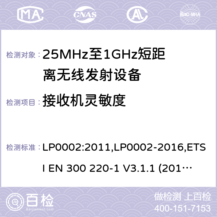 接收机灵敏度 9kHz-40GHz 低电压电子电气设备的射频噪声发射的测量方法 电磁兼容性及无线频谱事物（ERM）;短距离传输设备;工作在25MHz至1000MHz之间并且功率在500mW以下的射频设备;第1部分：技术要求和测试方法 第2部分：根据R&TTE & RED指令的3.2要求欧洲协调标准 LP0002:2011,LP0002-2016,ETSI EN 300 220-1 V3.1.1 (2017-05),ETSI EN 300 220-2 V2.4.1(2012-05),ETSI EN 300 220-2 V3.1.1(2017-02),ETSI EN 300 220-2 V3.2.1(2018-06),ETSI EN 300 220-3-1 V2.1.1(2016-02),ETSI EN 300 220-3-2 V1.1.1(2017-02),ETSI EN 300 220-4 V1.1.1(2017-02)