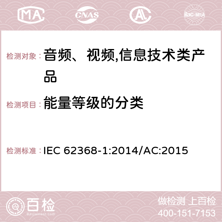 能量等级的分类 音频、视频,信息技术设备 －第一部分 ：安全要求 IEC 62368-1:2014/AC:2015 4.2