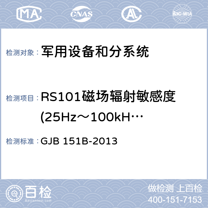 RS101磁场辐射敏感度(25Hz～100kHz) 《军用设备和分系统电磁发射和敏感度要求与测量》 GJB 151B-2013 5.22