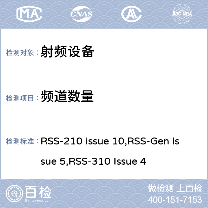 频道数量 无线电设备合规性的一般要求 RSS-210 issue 10,RSS-Gen issue 5,RSS-310 Issue 4 15C