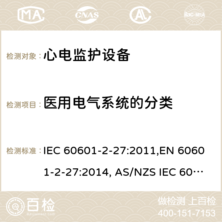 医用电气系统的分类 医用电气设备 第2-27部分：心电监护设备安全专用要求 IEC 60601-2-27:2011,EN 60601-2-27:2014, AS/NZS IEC 60601.2.27:2016 201.6