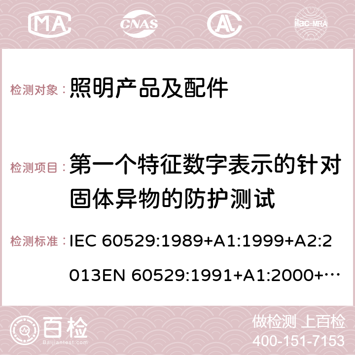 第一个特征数字表示的针对固体异物的防护测试 IEC 60529-1989 由外壳提供的保护等级(IP代码)