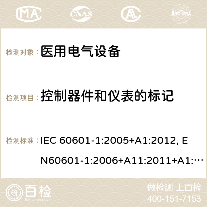 控制器件和仪表的标记 医用电气设备-一部分：安全通用要求和基本准则 IEC 60601-1:2005+A1:2012, EN60601-1:2006+A11:2011+A1:2013+A12:2014, AS/NZS IEC 60601.1:2015 7.4