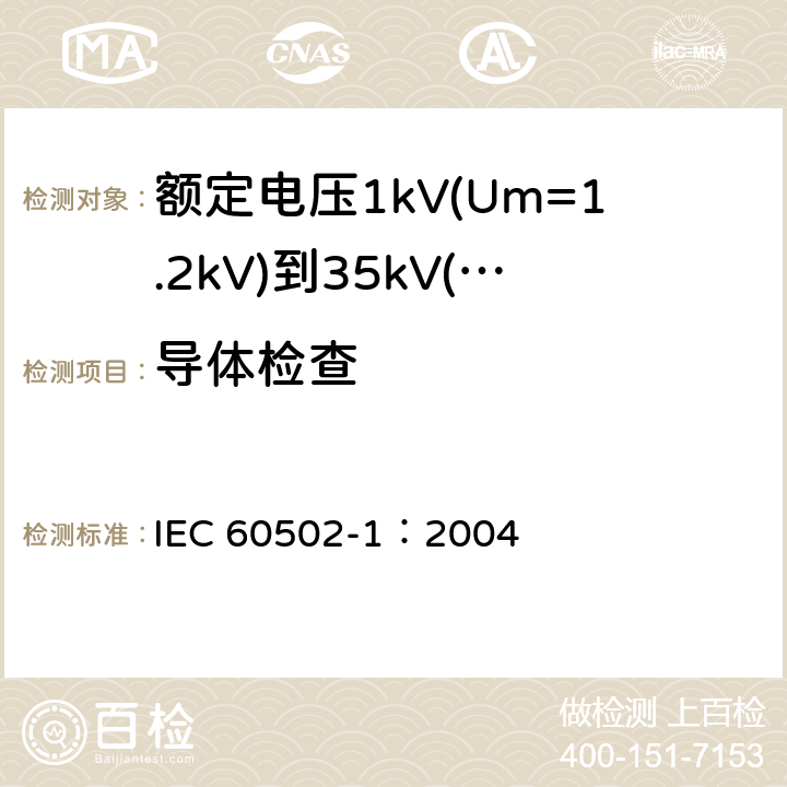 导体检查 《额定电压1kV(Um=1.2kV)到35kV(Um=40.5kV)挤包绝缘电力电缆及附件 第1部分: 额定电压1kV(Um=1.2kV)和3kV(Um=3.6kV) 电缆》 IEC 60502-1：2004 16.4