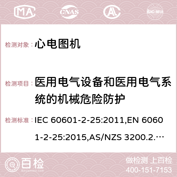 医用电气设备和医用电气系统的机械危险防护 医用电气设备 - 第2-25部分：基本安全和心电图的基本性能的特殊要求。 IEC 60601-2-25:2011,EN 60601-2-25:2015,AS/NZS 3200.2.25:1993,AS/NZS IEC 60601.2.25:2016 201.9