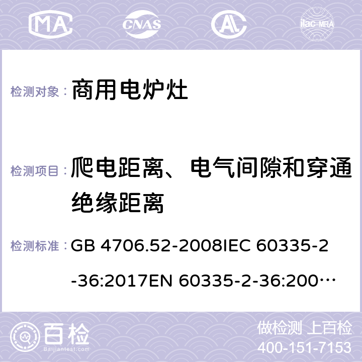 爬电距离、电气间隙和穿通绝缘距离 家用和类似用途电器的安全 商用电炉灶、烤箱、灶和灶单元的特殊要求 GB 4706.52-2008
IEC 60335-2-36:2017
EN 60335-2-36:2002+A1:2004+A11:2012 29