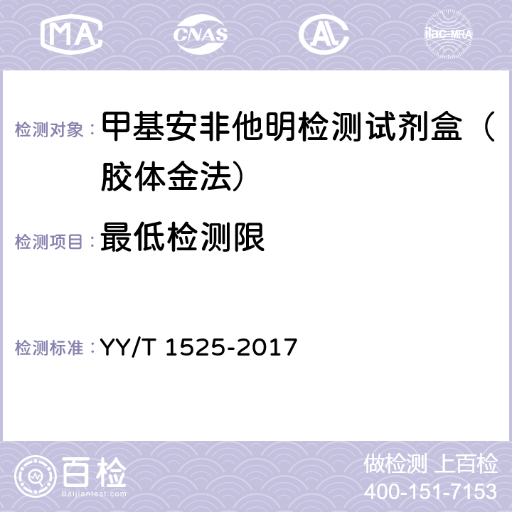 最低检测限 甲基安非他明检测试剂盒（胶体金法） YY/T 1525-2017 4.4