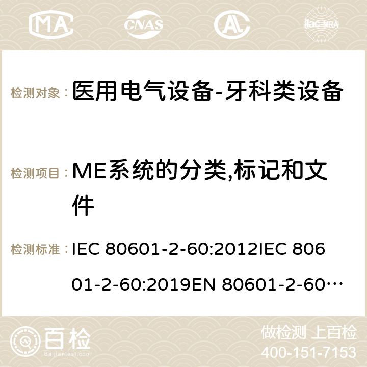 ME系统的分类,标记和文件 IEC 80601-2-60 医用电气设备-牙科类设备 :2012
:2019
EN 80601-2-60:2015
EN :2020 201.7