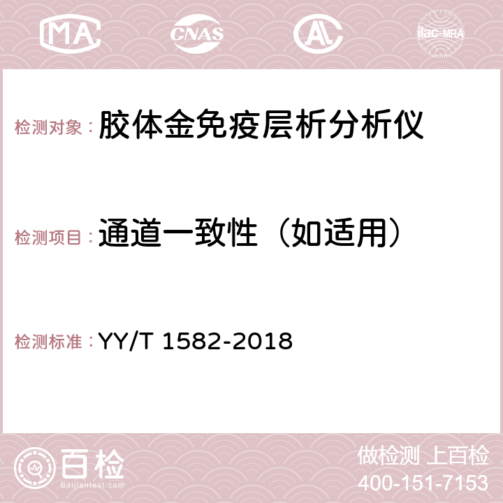 通道一致性（如适用） 胶体金免疫层析分析仪 YY/T 1582-2018 3.6