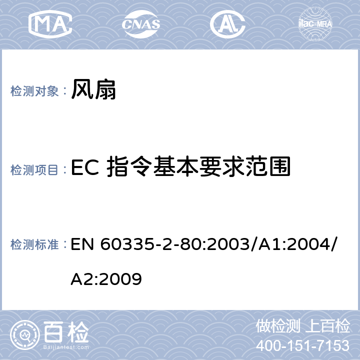 EC 指令基本要求范围 家用和类似用途电器的安全 第2部分：风扇的特殊要求 EN 60335-2-80:2003/A1:2004/A2:2009 Annex ZZ