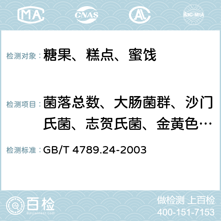 菌落总数、大肠菌群、沙门氏菌、志贺氏菌、金黄色葡萄球菌、霉菌和酵母 食品卫生微生物学检验 糖果、糕点、蜜饯检验 GB/T 4789.24-2003