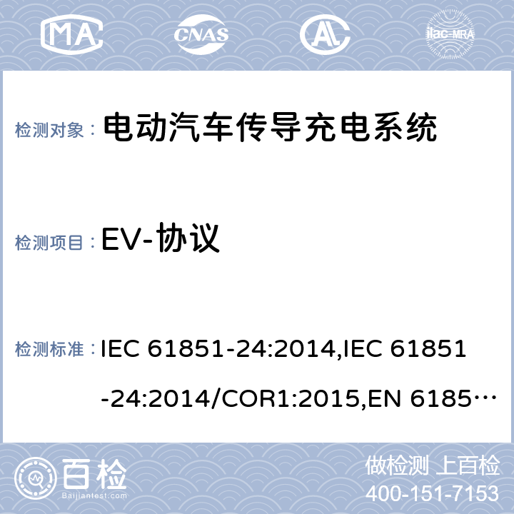 EV-协议 电动汽车传导充电系统- 第24部分：直流充电桩与控制直流桩的电动车之间的数据通信 IEC 61851-24:2014,IEC 61851-24:2014/COR1:2015,EN 61851-24:2014,EN 61851-24:2014/AC:2015 附录 A