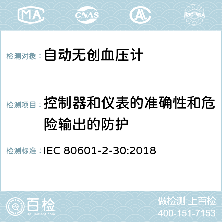 控制器和仪表的准确性和危险输出的防护 医用电气设备--第2-30部分：自动无创血压计的基本安全及基本性能的特殊要求 IEC 80601-2-30:2018 Cl.201.12