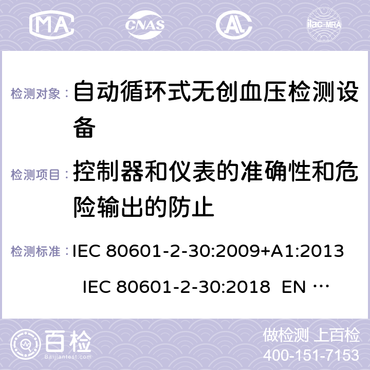 控制器和仪表的准确性和危险输出的防止 IEC 80601-2-30 医用电气设备 第2-30部分：自动循环式无创血压计的安全和基本性能 :2009+A1:2013 :2018 EN 80601-2-30:2010+A1:2015 EN :2019 201.12