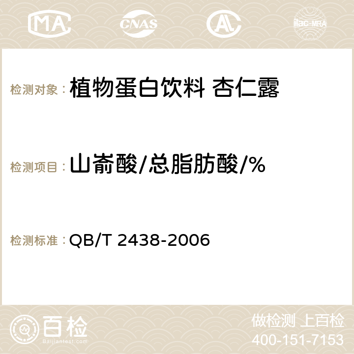 山嵛酸/总脂肪酸/% 植物蛋白饮料 杏仁露 QB/T 2438-2006 附录A