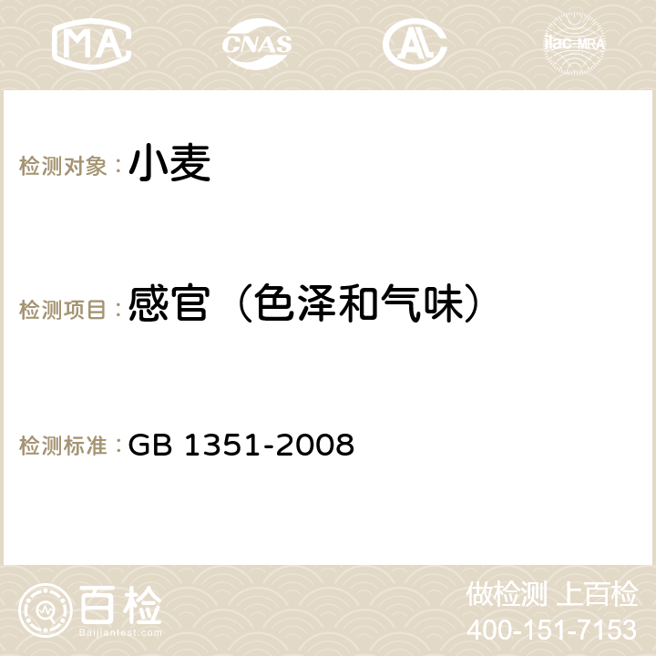 感官（色泽和气味） GB 1351-2008 小麦