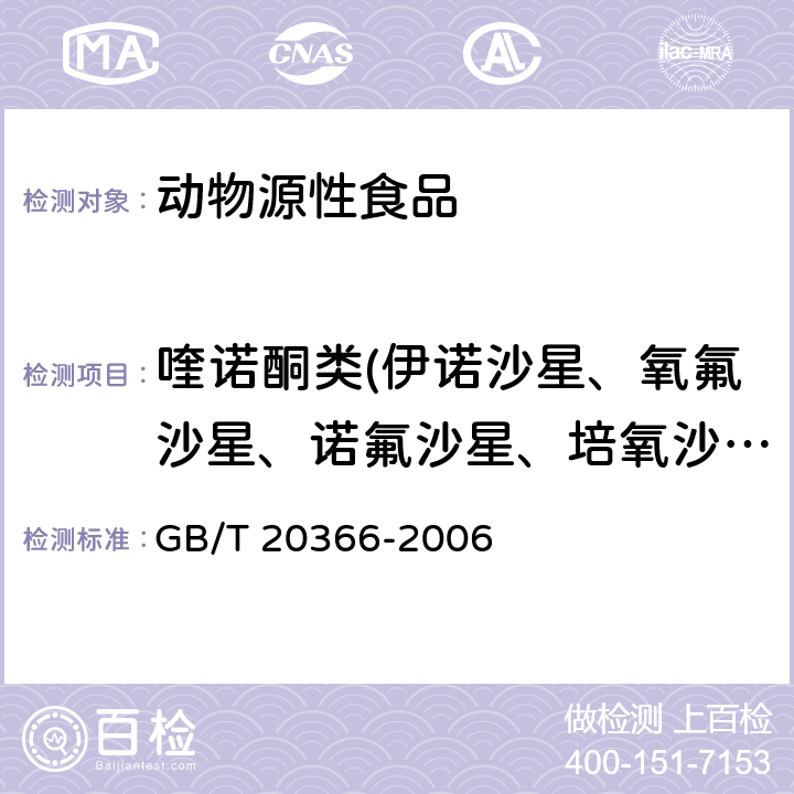 喹诺酮类(伊诺沙星、氧氟沙星、诺氟沙星、培氧沙星、环丙沙星、洛美沙星、丹诺沙星、恩诺沙星、沙拉沙星、双氧沙星、司帕沙星) 动物源产品中喹诺酮类残留量的测定液相色谱-串联质谱法 GB/T 20366-2006