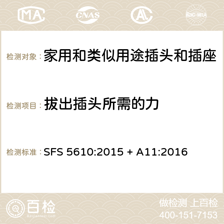 拔出插頭所需的力 家用和類似用途插頭插座第1部分:通用要求 SFS 5610:2015 + A11:2016 cl 22