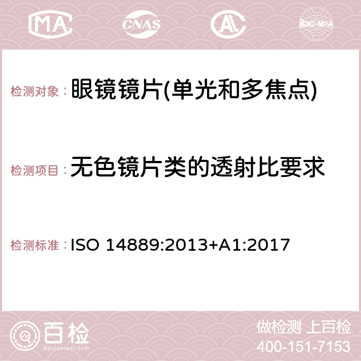 无色镜片类的透射比要求 眼镜镜片基本要求 ISO 14889:2013+A1:2017 4.5