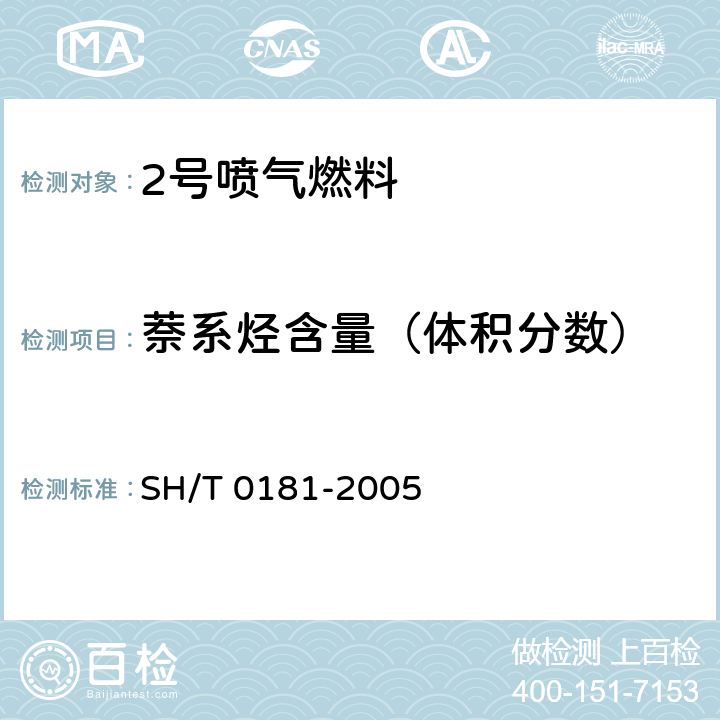 萘系烃含量（体积分数） 喷气燃料中萘系烃含量测定法（紫外分光光度法） SH/T 0181-2005
