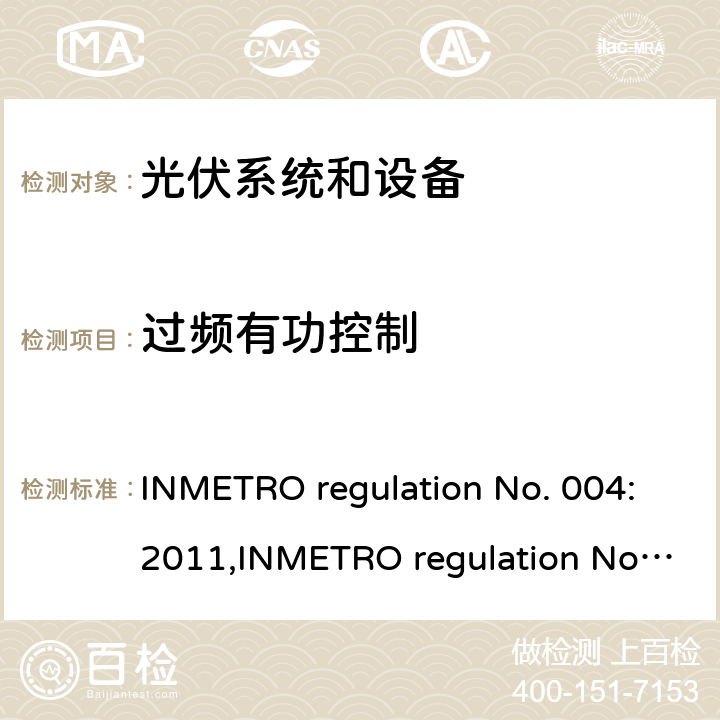 过频有功控制 光伏系统和设备的一致性评估要求 INMETRO regulation No. 004:2011,INMETRO regulation No. 357:2014 Annex III-part 2