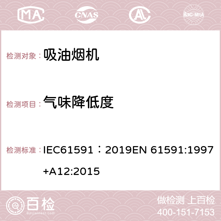 气味降低度 家用吸油烟机 性能测试方法 IEC61591：2019
EN 61591:1997+A12:2015 13