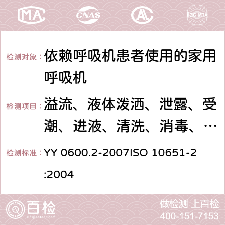 溢流、液体泼洒、泄露、受潮、进液、清洗、消毒、灭菌和相容性 医用呼吸机 基本安全要求和主要性能专用要求 第2部分：依赖呼吸机患者使用的家用呼吸机 
YY 0600.2-2007
ISO 10651-2:2004 44