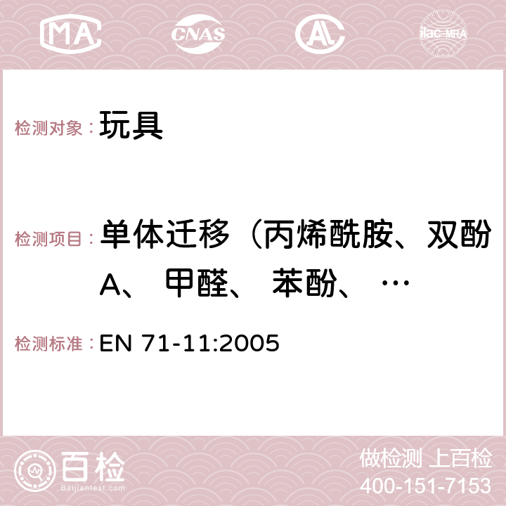 单体迁移（丙烯酰胺、双酚A、 甲醛、 苯酚、 苯乙烯） 玩具安全 第11部分：有机化合物的分析方法 EN 71-11:2005