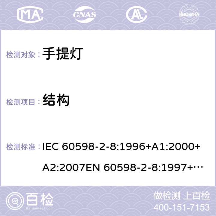 结构 灯具第2-8部分手提灯的安全要求 IEC 60598-2-8:1996+A1:2000+A2:2007
EN 60598-2-8:1997+A2:2008 8.6