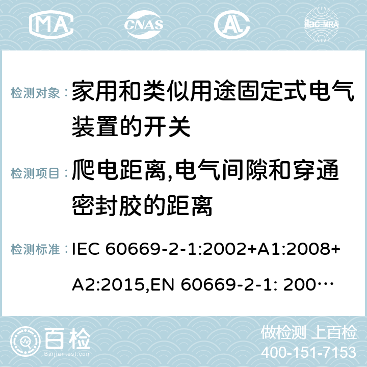 爬电距离,电气间隙和穿通密封胶的距离 家用和类似用途固定式电气装置的开关 第2部分: 通用要求 IEC 60669-2-1:2002+A1:2008+A2:2015,
EN 60669-2-1: 2004+A1:2009+A12:2010 23