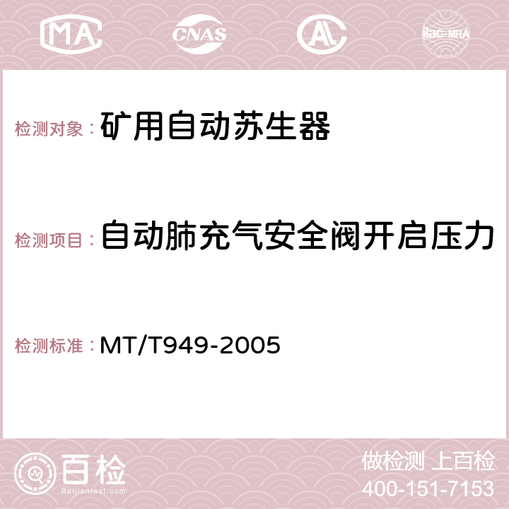 自动肺充气安全阀开启压力 煤矿用自动苏生器 MT/T949-2005 5.4.6.3