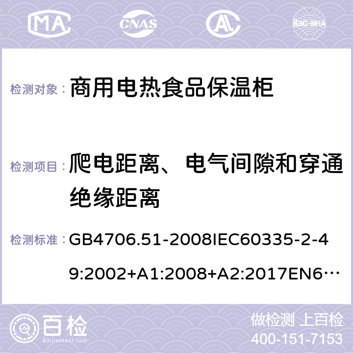 爬電距離、電氣間隙和穿通絕緣距離 家用和類似用途電器的安全商用電熱食品保溫柜的特殊要求 GB4706.51-2008
IEC60335-2-49:2002+A1:2008+A2:2017
EN60335-2-49:2003+A1:2008+A11:2012+A2:2019 29