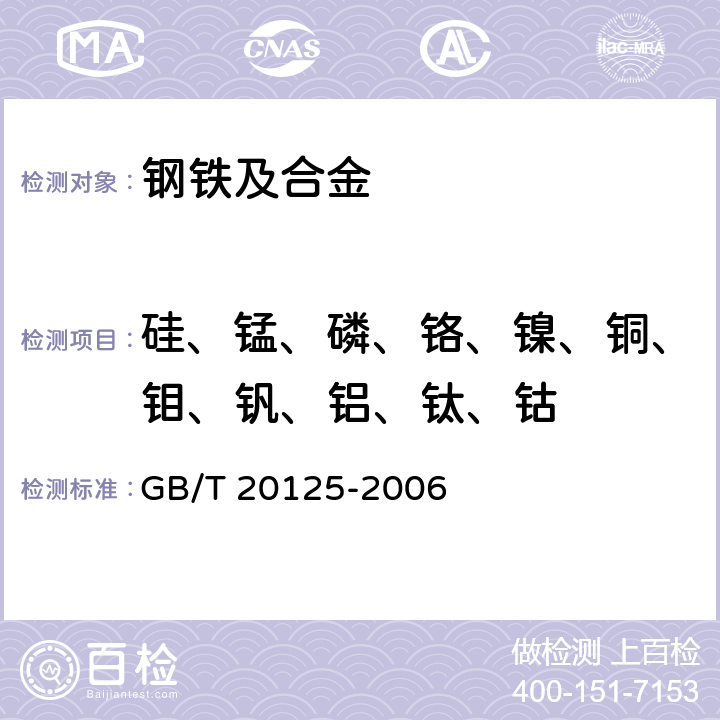 硅、锰、磷、铬、镍、铜、钼、钒、铝、钛、钴 低合金钢 多元素的测定 电感耦合等离子体发射光谱法 GB/T 20125-2006 1～10