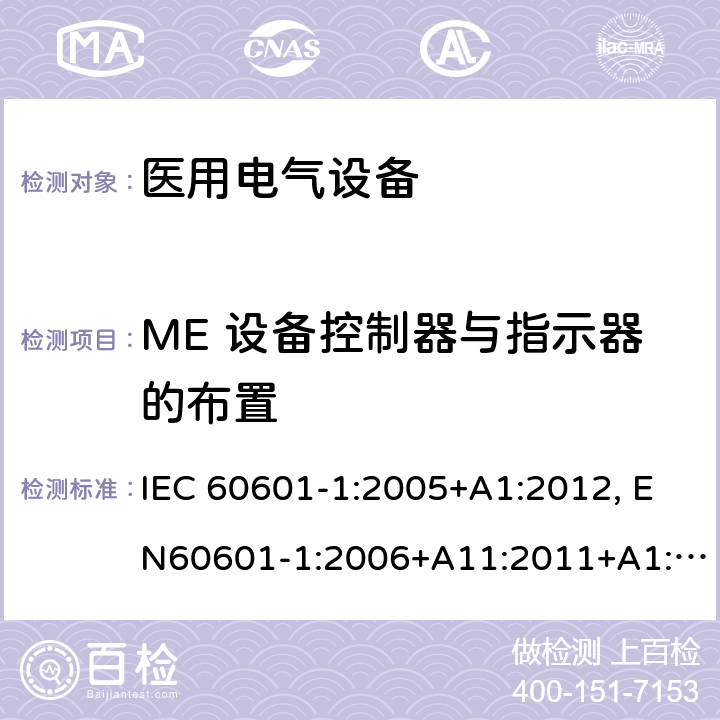 ME 设备控制器与指示器的布置 医用电气设备-一部分：安全通用要求和基本准则 IEC 60601-1:2005+A1:2012, EN60601-1:2006+A11:2011+A1:2013+A12:2014, AS/NZS IEC 60601.1:2015 15.1