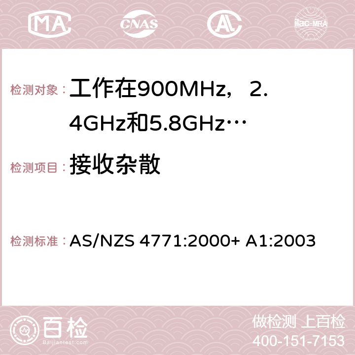 接收杂散 工作在900MHz，2.4GHz和5.8GHz频率段，应用扩频调制技术的数据传输系统的技术特性和测试条件 AS/NZS 4771:2000+ A1:2003 1