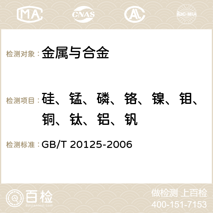 硅、锰、磷、铬、镍、钼、铜、钛、铝、钒 低合金钢 多元素含量的测定 电感耦合等离子体原子发射光谱法 GB/T 20125-2006